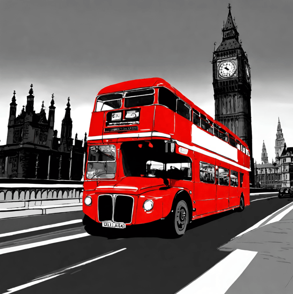 Red bus with big ben in the background