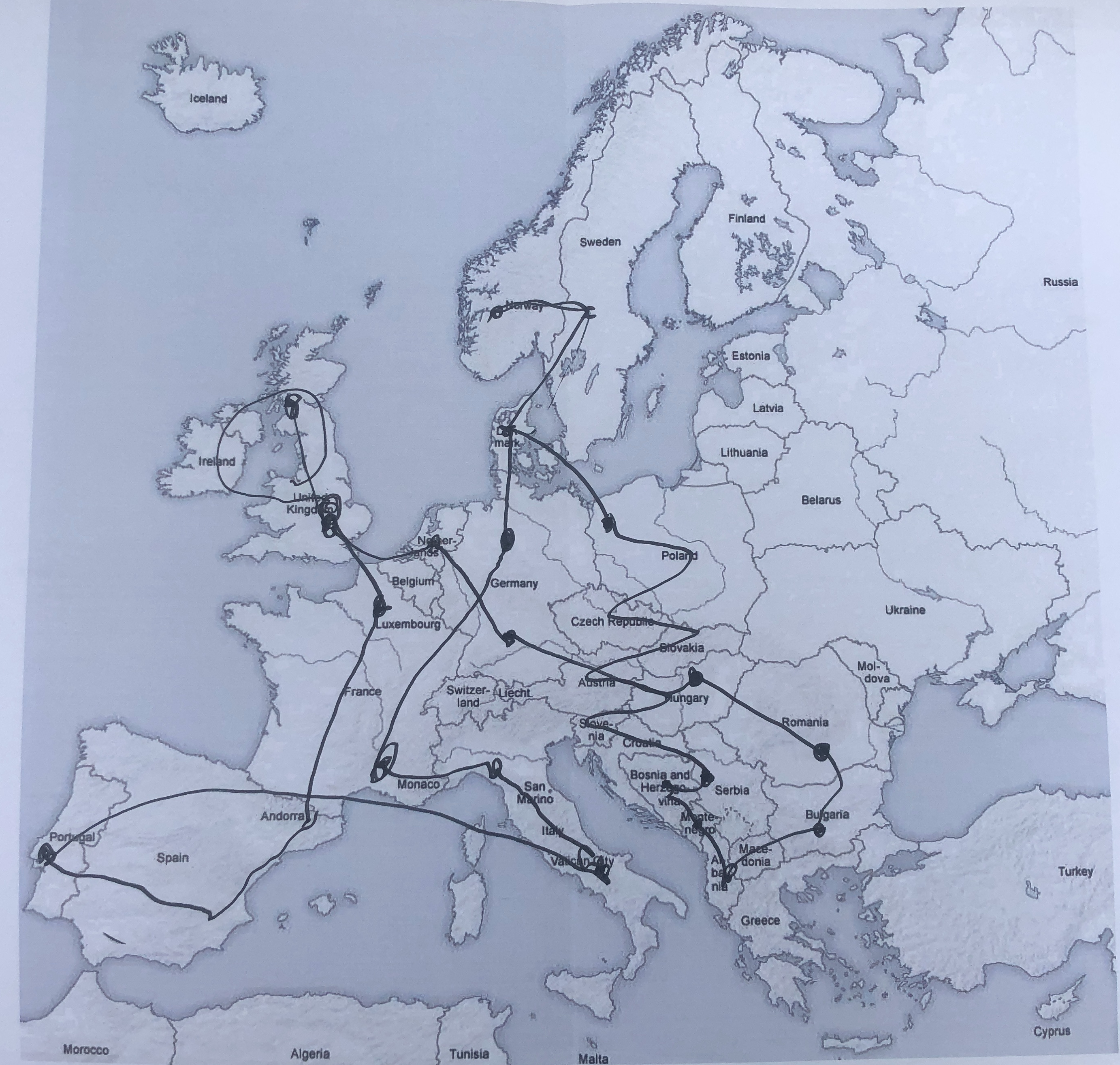 Map of Europe with lines draw on it for a path of travel