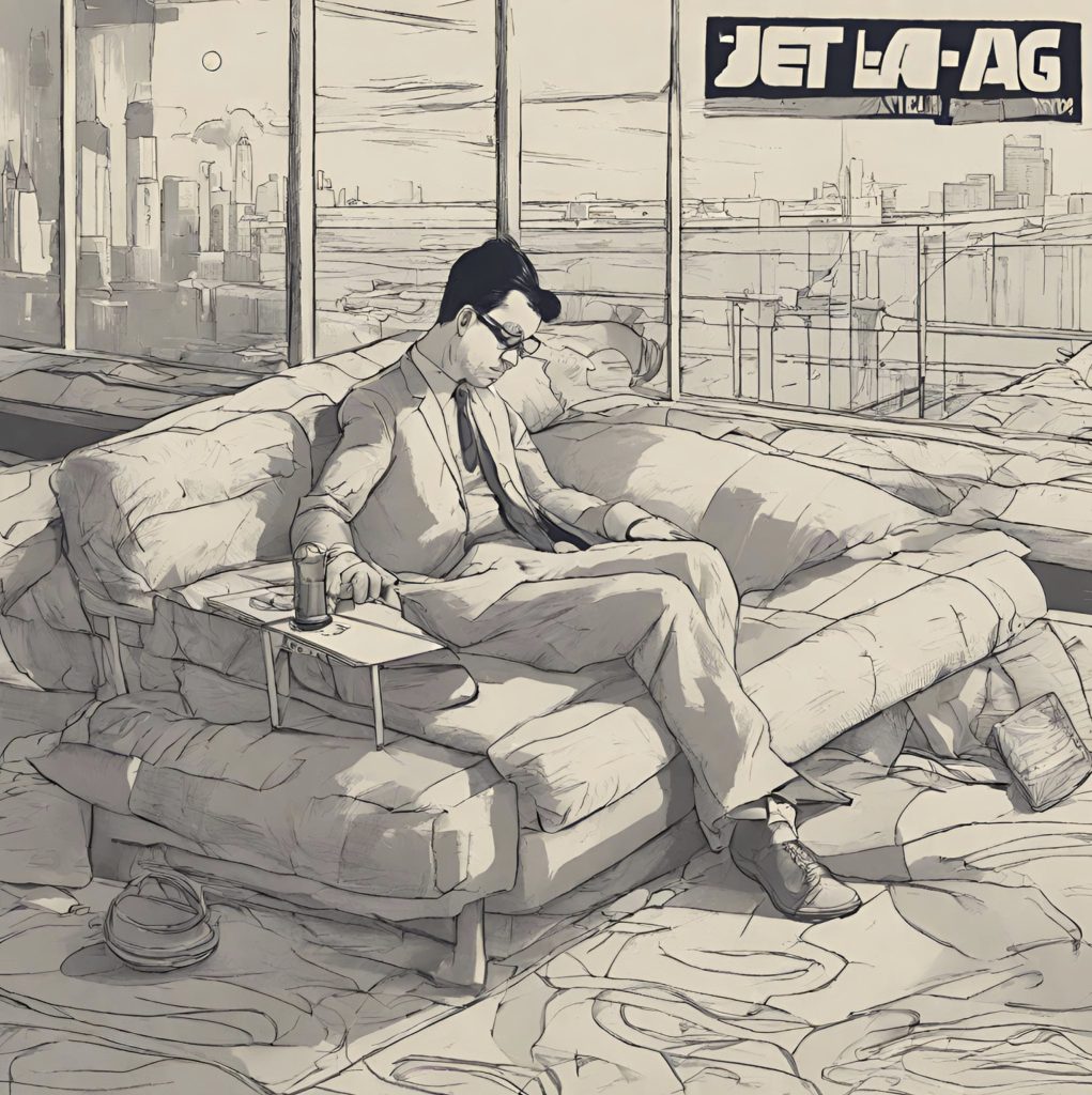 Sketch of man sitting tired in high rise apartment