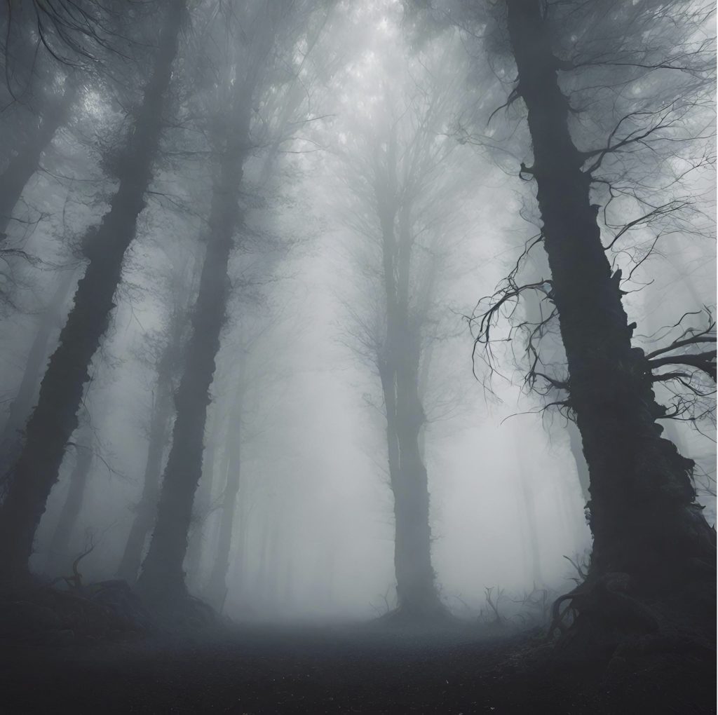 Spooky scary image of trees with mist around them at night